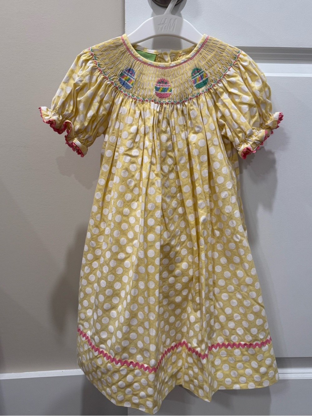 Girls' Yellow Polka Dot Smocked Dress with Pink Trim